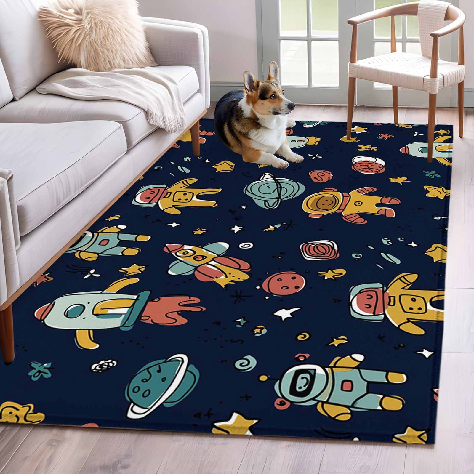 Cartoon Astronauts Area Rugs 4x6 ft Cute Rockets Watercolor Planet ...