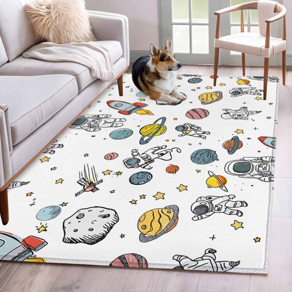 Cartoon Astronauts Area Rugs 4x6 ft Cute Rockets Watercolor Planet Graffiti Star Washable Rug Non Slip Indoor Carpet Absorbent Floor Mat for Living Room Bedroom Dining Room