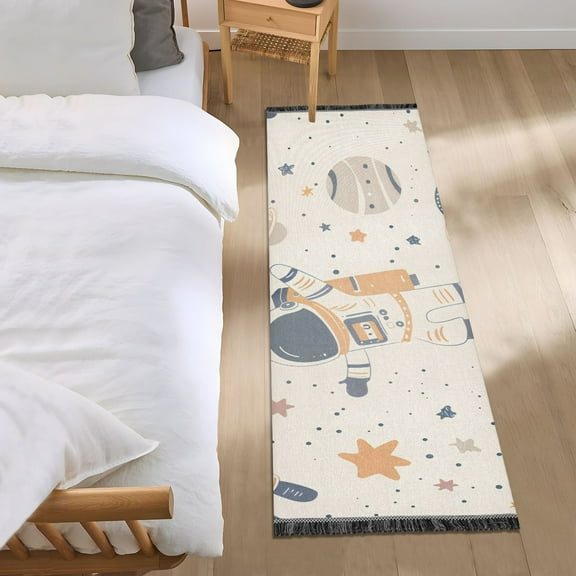 Cartoon Astronauts Floating Planets Stars Bedside Runner Rug 2'x 6' Non Slip Carpet Floor Mat Area Rug