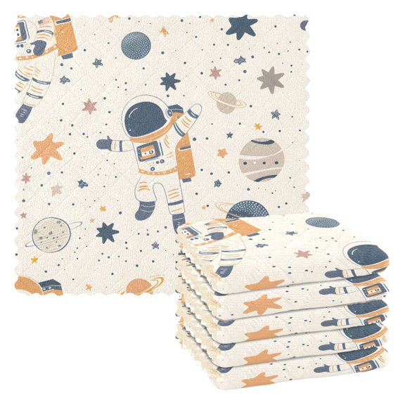 Cartoon Astronauts Floating Planets Stars Dish Cloths Dish Towels Cleaning Cloths Quick Drying Reusable 11" x 11" Set of 6