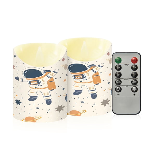 Cartoon Astronauts Floating Planets Stars Flickering Flameless Candles with Remote Timer Battery Operated LED Tealight Set of 2 S