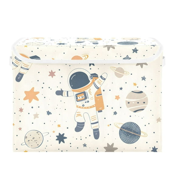 Cartoon Astronauts Floating Planets Stars Foldable Storage Bin with Lid and Handle Collapsible Storage Box 16.5 x 12.6 x 11.8 inches