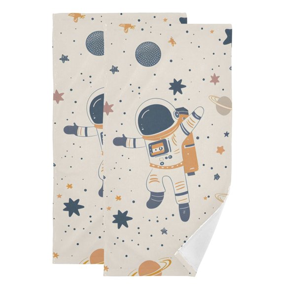 Cartoon Astronauts Floating Planets Stars Hand Towel Absorbent Bath Towels for Bathroom Sports Gym 28" x 14" Set of 2