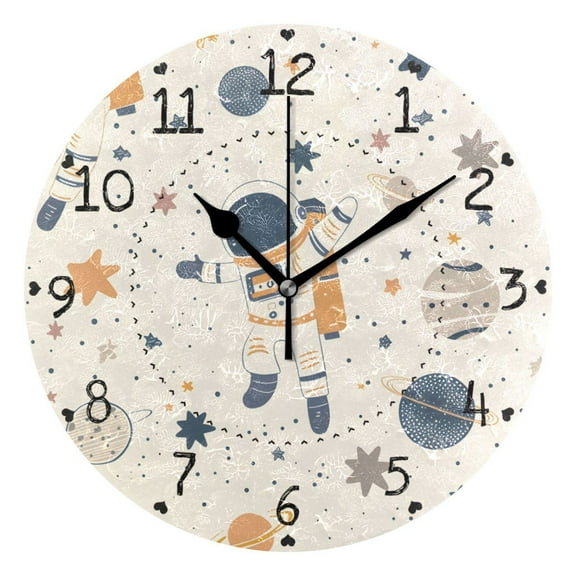 Cartoon Astronauts Floating Planets Stars Round Wall Clock Silent Analog Battery Operated Black Pointer Home Decor 9.84" Diameter