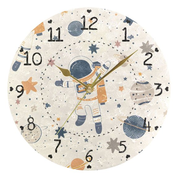 Cartoon Astronauts Floating Planets Stars Round Wall Clock Silent Analog Battery Operated Gold Pointer Home Decor 9.84" Diameter