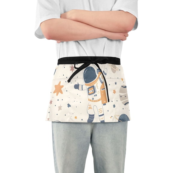 Cartoon Astronauts Floating Planets Stars Short Server Apron with 3 Pockets for Unisex Chef Gardening