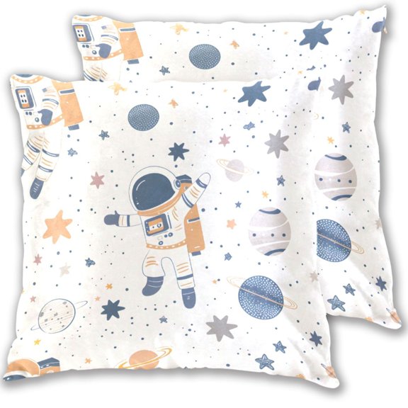 Cartoon Astronauts Floating Planets Stars Throw Pillow Covers Pillowcases 16 x 16 Inch Home Decor 2 Packs for Bedroom Sofa
