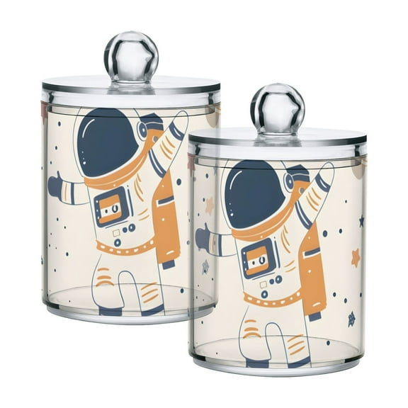 Cartoon Astronauts Floating Planets Stars Translucent Plastic Cans Storage Canisters with Lid Set of 2