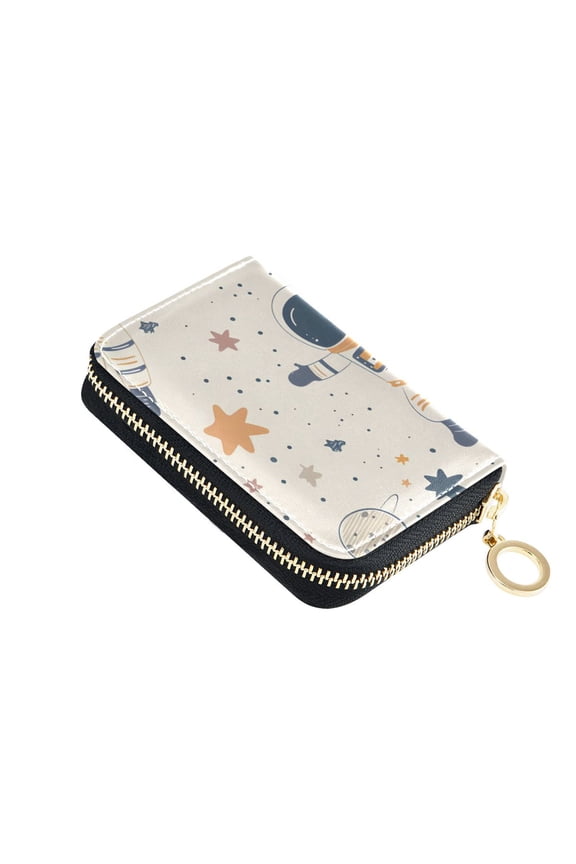 Cartoon Astronauts Floating Planets Stars Women's Credit Card Holder PU Leather Zipper Wallet RFID Blocking