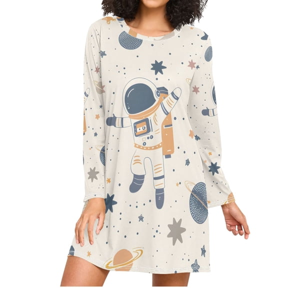Cartoon Astronauts Floating Planets Stars Women's Long Sleeves Nightgowns Sleepwear Soft Pajama A-line Sleep Dress M
