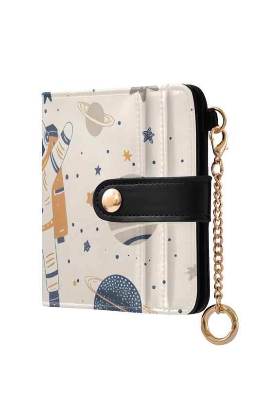 Cartoon Astronauts Floating Planets Stars Women's Wallet PU Leather Card Cases RFID Blocking Purse Billfold with Key Ring