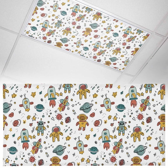Cartoon Astronauts Fluorescent Light Covers Cute Rockets Watercolor Planet Graffiti Stars Magnetic Light Filters Ceiling Lighting Panel Shade for Classroom Office Home 2 x 4 ft, 1 Pack