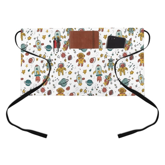 Cartoon Astronauts Half Waist Apron Cute Rockets Watercolor Planet Graffiti Stars Short Waiter Aprons with 3 Pockets for Women Men Kitchen Restaurant Cooking