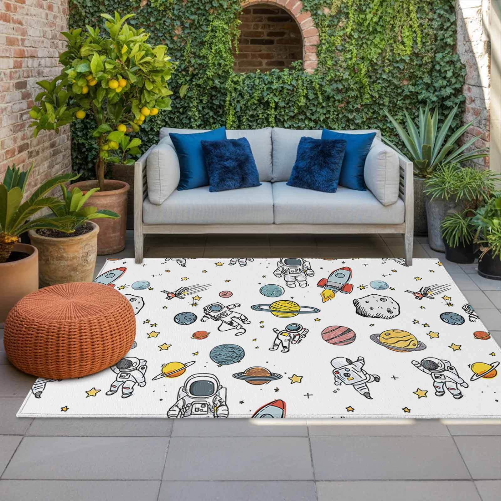Cartoon Astronauts Indoor Outdoor Rugs 5x8 Ft, Cute Rockets Watercolor ...