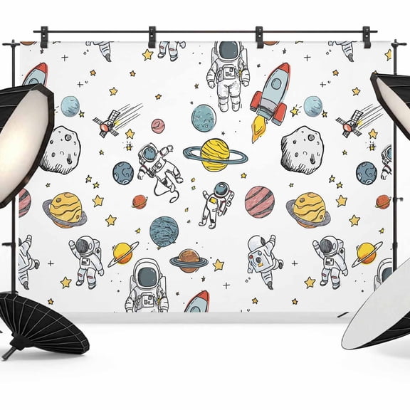 Cartoon Astronauts Photography Backdrop 7x5FT, Cute Rockets Watercolor Planet Graffiti Star Photo Backdrops, Background for Photography Studio Photo Studio Background, Back Drop for Photoshoot