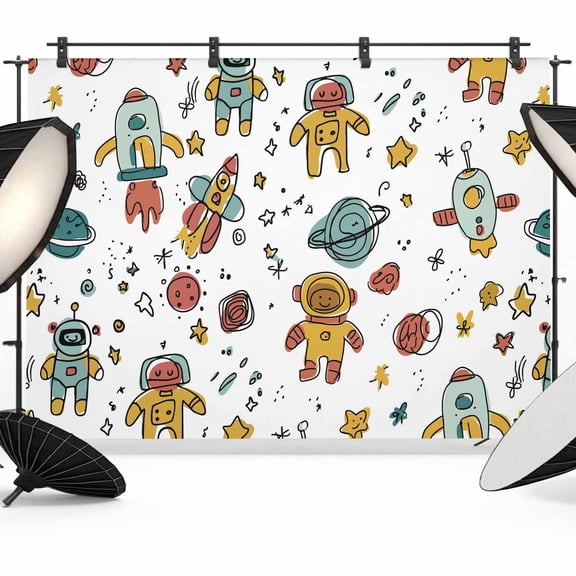 Cartoon Astronauts Photography Backdrop 7x5FT, Cute Rockets Watercolor Planet Graffiti Stars Photo Backdrops, Background for Photography Studio Photo Studio Background, Back Drop for Photoshoot