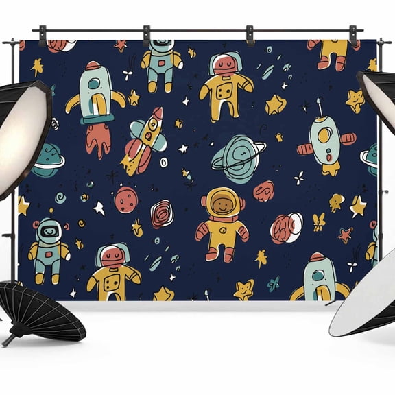 Cartoon Astronauts Photography Backdrop 8x6FT, Cute Rockets Watercolor Planet Graffiti Star Black Photo Backdrops, Background for Photography Studio Photo Studio Background, Back Drop for Photoshoot