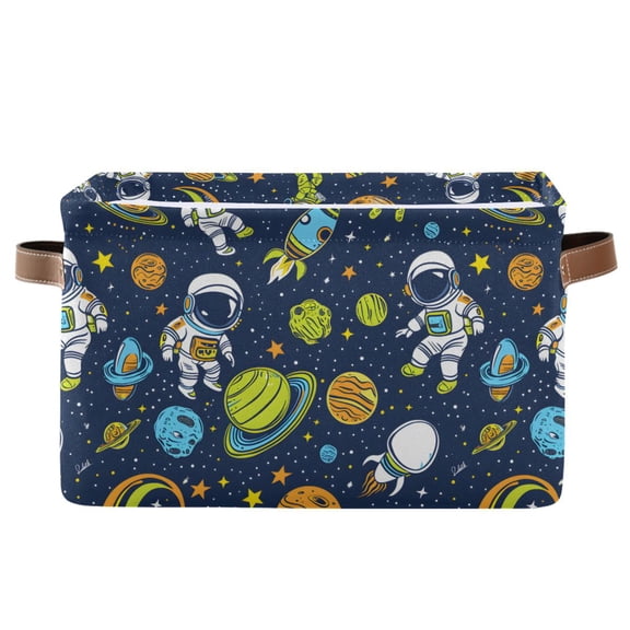 Cartoon Astronauts Planet Space Storage Bins with Handle Fabric Organizer Basket Foldable Box 1 Pack 14.2x10.2x8.3