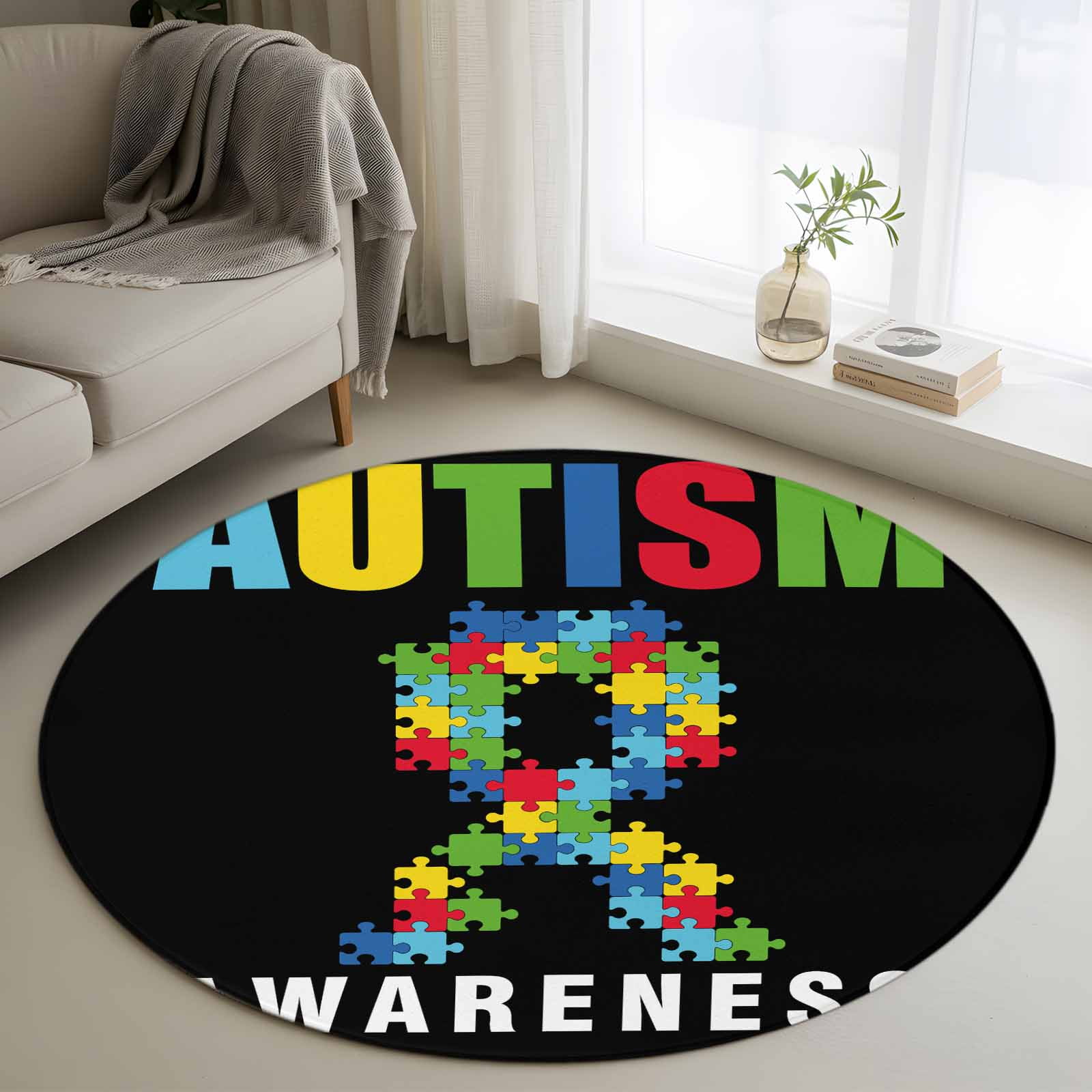 Cartoon Autism Round Area Rug 4 FT, Non Slip Indoor Outdoor Rug ...