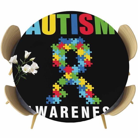 Cartoon Autism Round Tablecloth 55-60 Inch Round Fitted Table Cloth with Elastic Edge, Abstract Awareness Colorful Blocks Modern Waterproof Table Cover Protector for Outdoor Picnic Party Dining