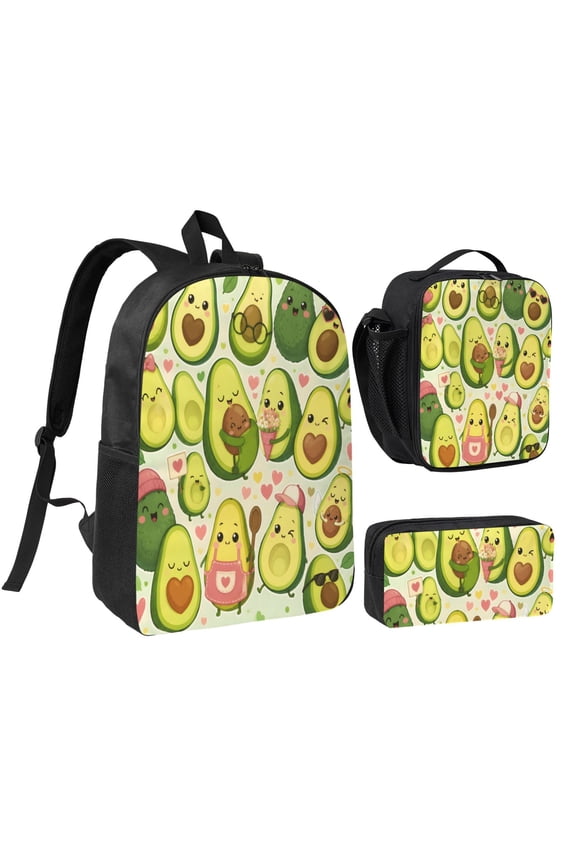 Cartoon Avocado Backpack Set 3pc Including Backpack, Lunch Bag and Pen Bag Combination