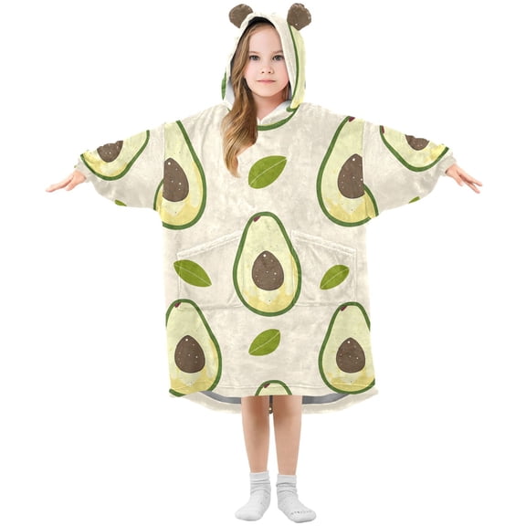 Cartoon Avocados Leaves Flannel Wearable Blankets Hooded Design Long Sleeves Wrap Unisex for 3T-14Y L