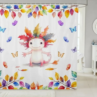 Cartoon Axolotl Bath Curtain Cute Animal Shower Curtain, Kawaii Woodland Wildlife Waterproof Bathroom Curtain Multicolor Leaves Shower Accessories, Girly Butterfly Bathtub Decor