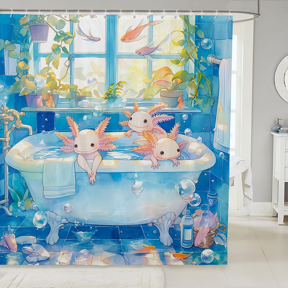 Cartoon Axolotl Bathroom Curtain,Cute Ocean Animals Shower Curtain ...