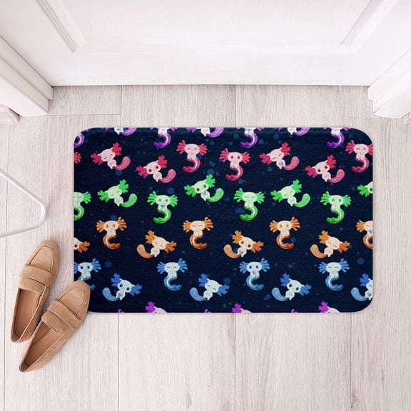 Cartoon Axolotl Bathroom Rug Colorful Kawaii Rainbow Bubble Bath Mat Cute Salamander Design 16" x 24" Blue