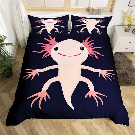 Cartoon Axolotl Duvet Cover,Axolotl Bedding Set,Ocean Animal Quilt Cover,Cute Salamander Bed Sets with 1 Pillowcase for Bedroom(No Comforter)