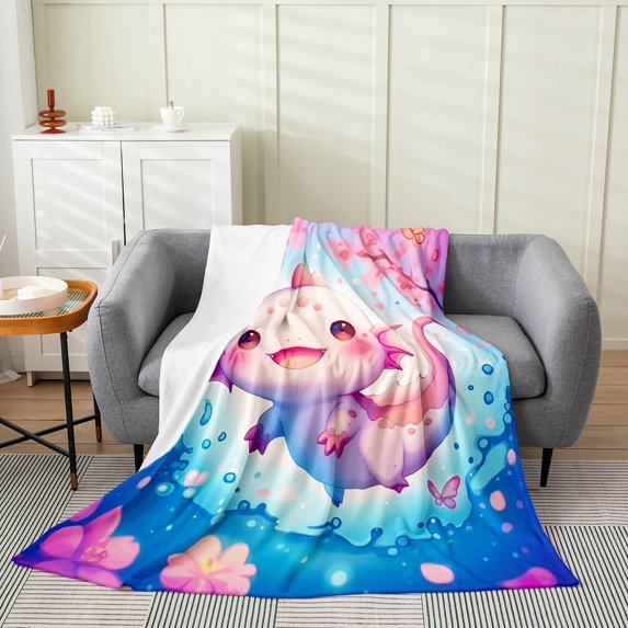 Cartoon Axolotl Fleece Blanket Teens Adults,Marine Animal Throw Blanket 30x40 Inch Sofa Bed Couch Decor,Fantasy Floral Butterfly Flannel Blanket,Sealife Bed Blanket
