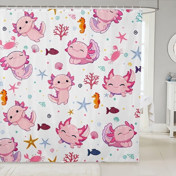 Cartoon Axolotl Kawaii Ocean Shower Curtain, Waterproof Polyester, for Bathroom