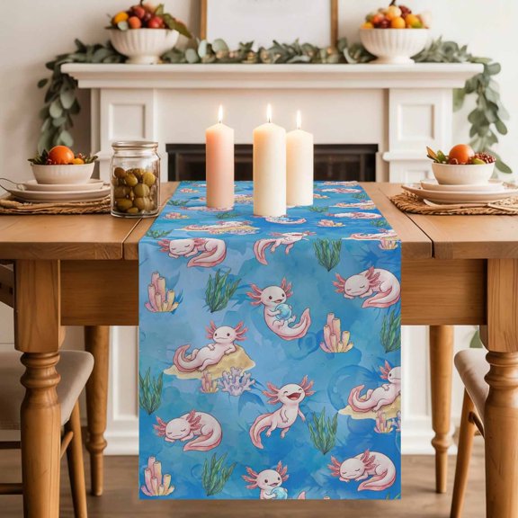 Cartoon Axolotl Table Runner, Pink Ambystoma Mexicanum Ocean Coral Seaweed Cotton Linen Kitchen Table Decoration Washable Dining Tabletop Runners for Home Party Decor 13x60 Inches