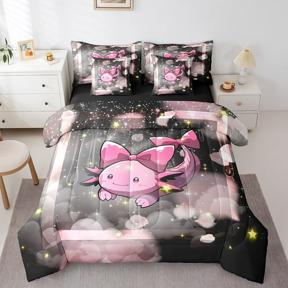 Cartoon Axolotl Twin Comforter Set 7 Piece Pink Bow Axolotl Bedding Set Cute Kawaii Animal Salamander Bed In A Bag,Pink Black Cloud Glitter Stars Bed Set