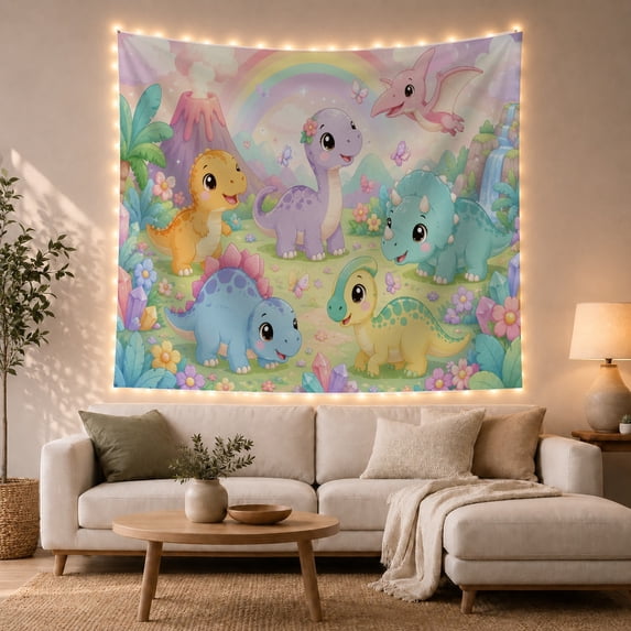 Cartoon Baby Dinosaurs in a Magical Prehistoric Forest, Whimsical Fantasy for Kids, Dinosaur Wall Art, Birthday Gift Tapestry Wall Hanging for Bedroom, Playroom and Nursery
