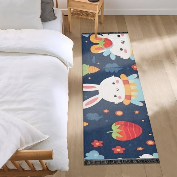 Cartoon Baby Rabbit and Radish Runner Area Rug 2x6 Soft Non-Slip Washable Bedside Carpet for Hallway Bedroom Living Room Home Decor