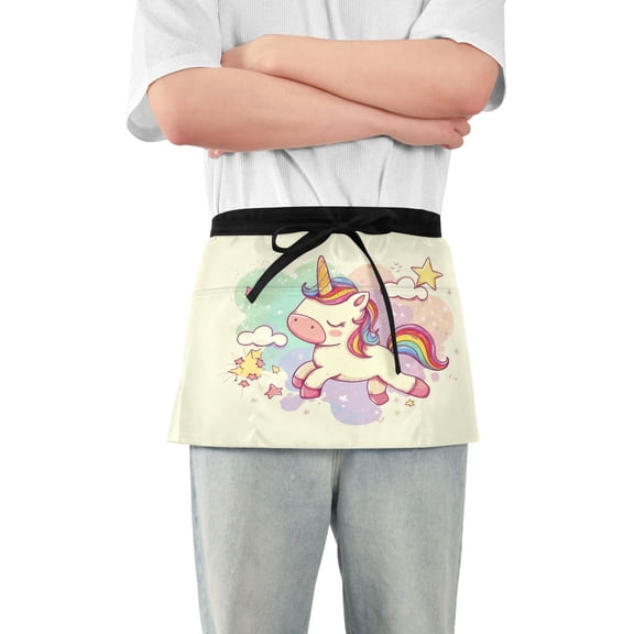 Cartoon Baby Unicorn and Star Server Apron with 3 Pockets Waterproof Waitress Waist Short Apron for Man Woman 12 Inches