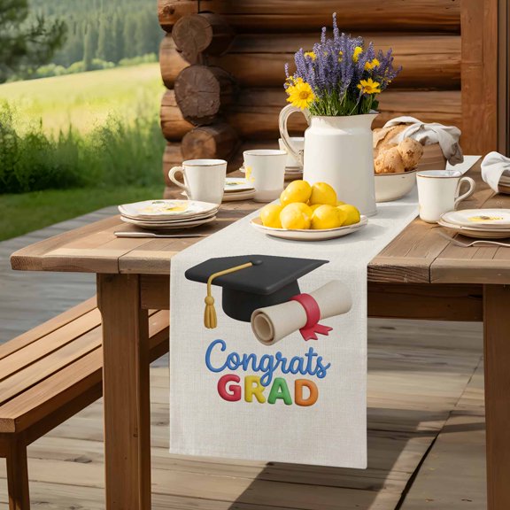 Cartoon Bachelor's Hat on Beige Table Runner 70 Inch Long Congrats Grad Quote Table Runners Linen Burlap Tablerunner for Kitchen Dining Room Holiday Party