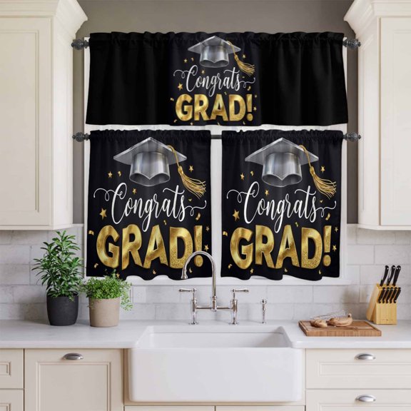 Cartoon Bachelor's Hat Star Curtain Tier and Valance Set 3 Piece,Congrats Grad Quote 3-inch Rod Pocket Window Tier Curtains Valance for Kitchen Living Room