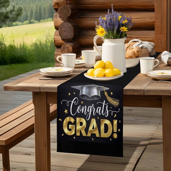 Cartoon Bachelor's Hat Star Table Runner 13x36in Non-Slip Cotton Linen Table Runners, Congrats Grad Quote Dresser Scarves TableRunner for Dinner Kitchen Dining Wedding Party