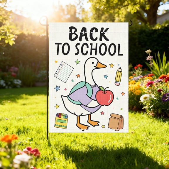 Cartoon Back To School Duck Garden Flag, Outdoor Porch Patio Display, School Event Decor, Holiday Gift for Decor Enthusiasts, Thanksgiving & Christmas Gifts, Flag pole not included