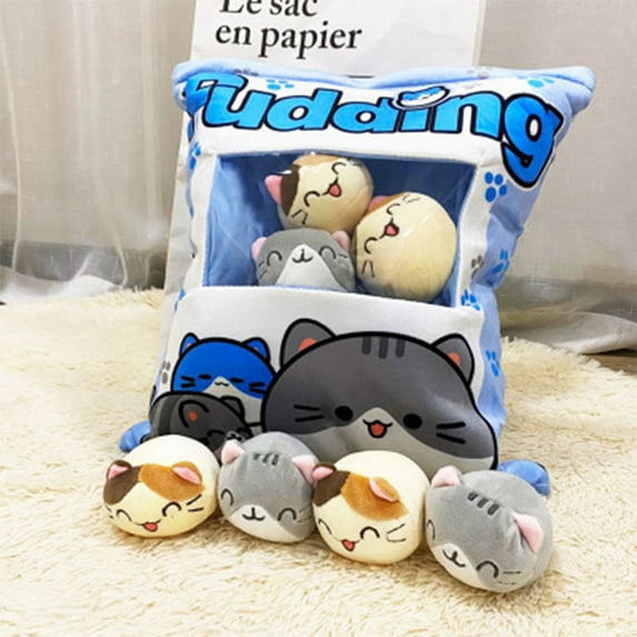 Cartoon Bag Doll Plush Toy Creative Office Pillow, Cute Cat Pudding Design With Hidden Little Cat Dolls In Transparent Window, Soft And Comfortable For Daily Use As Pillow Or