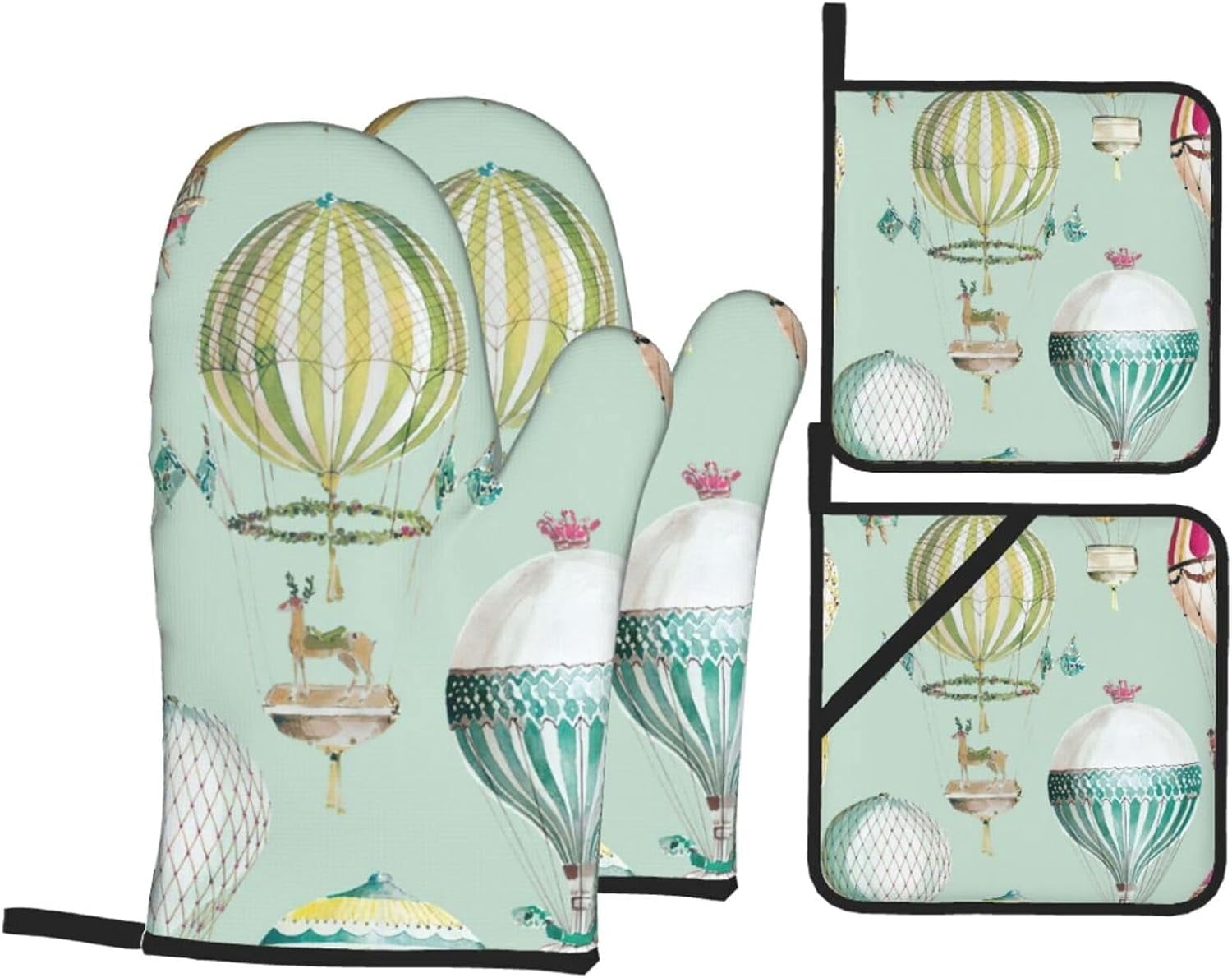 Cartoon Balloon Oven Mitts and Pot Holders Sets for Kitchen 4 Pcs 7"X11" Heat Resistant Baking Cooking