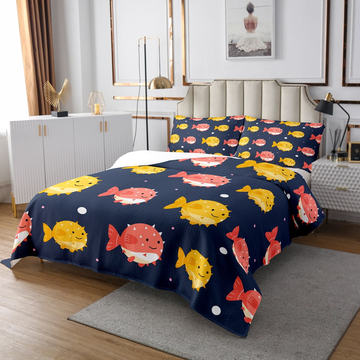 Cute Manatee Ocean Animal Bedspread Set - King Size Quilted Coverlet With Pillow Shams For Kids Room