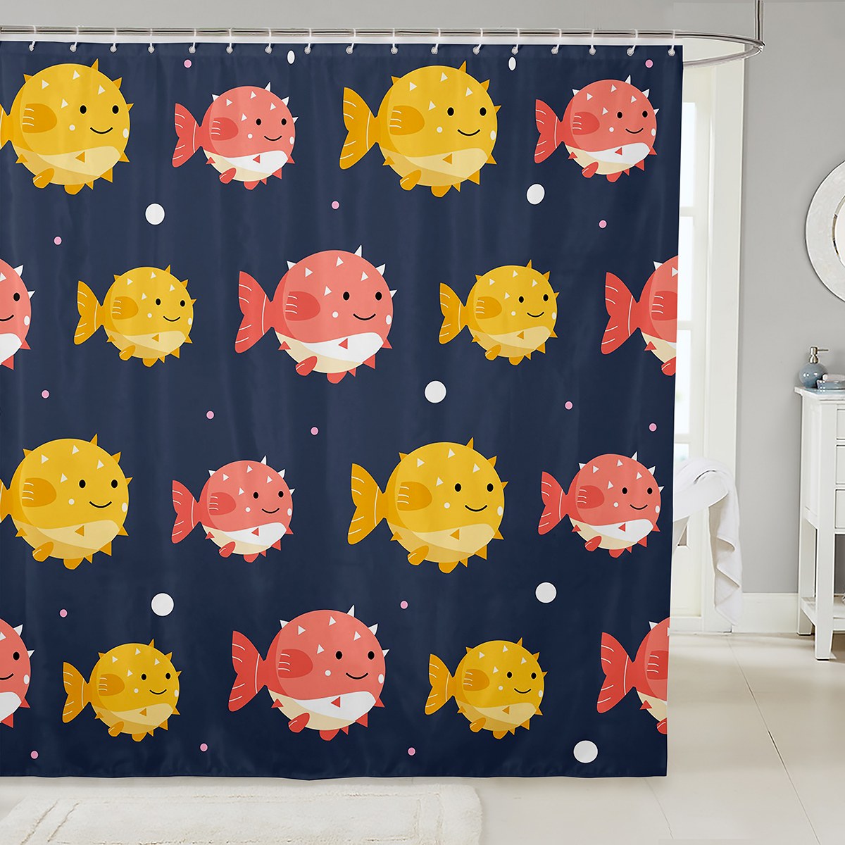 Cartoon Balloonfish Fabric Shower Curtain 72"Wx72"L,Kawaii Ocean Life Shower Curtain for Kids