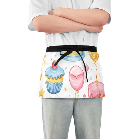 Cartoon Balloons Cakes Stars Short Server Apron with 3 Pockets for Unisex Chef Gardening