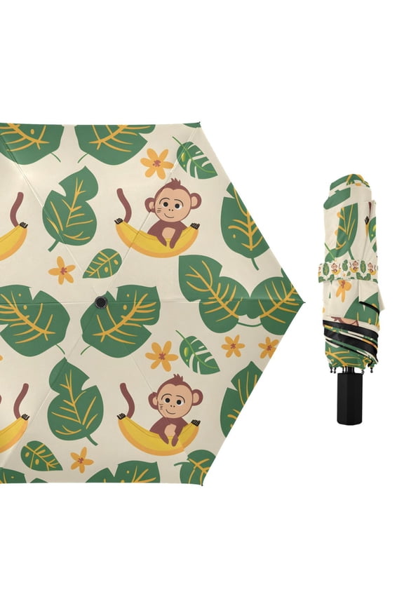 Cartoon Banana Monkey Leaf Compact Sun Umbrella Windproof Travel Umbrellas for Rain Strong Portable UV Protection