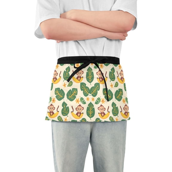 Cartoon Banana Monkey Leaf Server Apron with 3 Pockets Waterproof Waitress Waist Short Apron for Man Woman 12 Inches