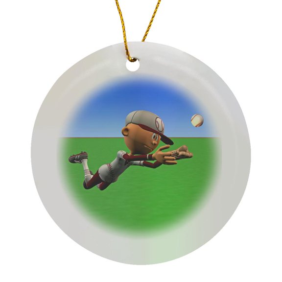 3drose, Cartoon Baseball Player with Maroon White, Circle Porcelain Ornament