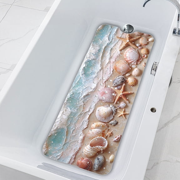 Cartoon Bath Mat Featuring Seashells And Starfish, Designed for Use in The Bathtub with Suction Cups And Drainage Holes. It'S Machine Washable And Perfect for Home And Bathroom Use.